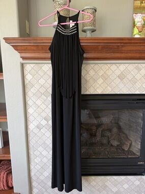 Michael Kors Black Beaded Halter Dress with Silver Accents